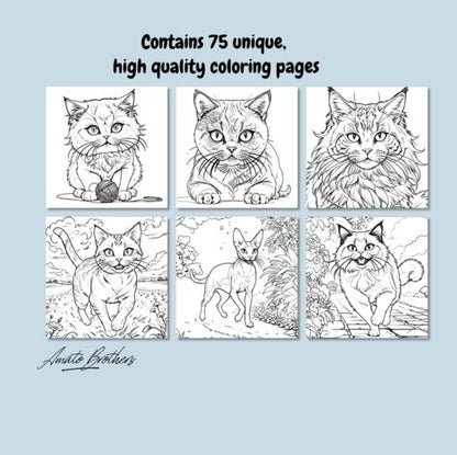 CAT BREEDS - Print-ready PDF Coloring Book with 75 High-Quality images of Cute Cats