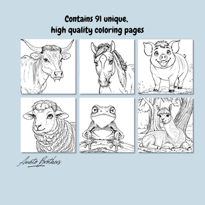 FARM ANIMALS - Print-ready PDF Coloring Book with 91 High-Quality images of Cute Farm Animals