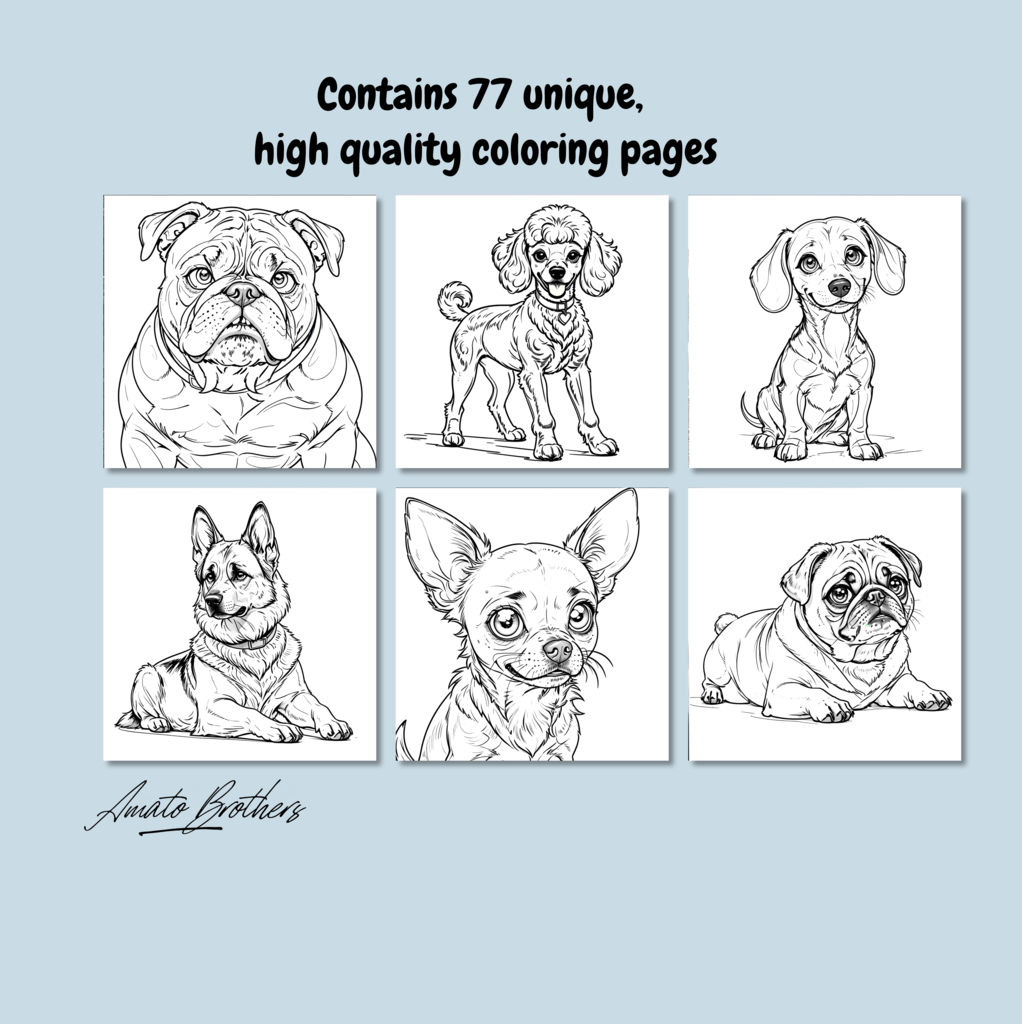 DOG BREEDS - Print-ready PDF Coloring Book with 77 High-Quality images of Cute Dogs